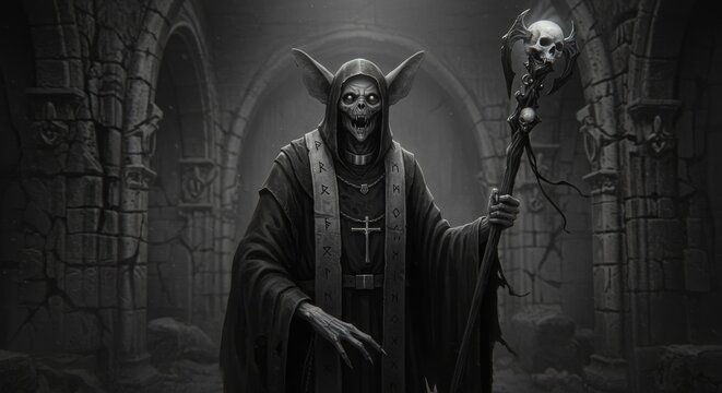 Monstrous Dark Fantasy Priest in Gothic Ruins