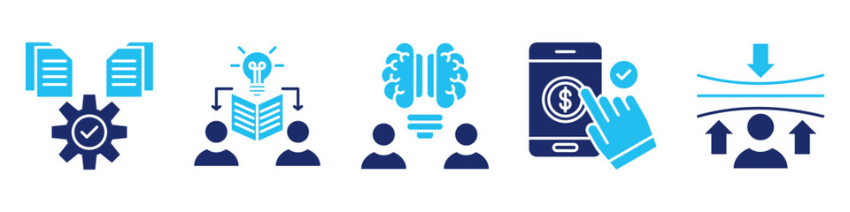 knowledge process icon set. for information flow. icon set contain documentation, knowledge sharing, brainstorming, online payment, resilience. simple vector glyph duotone illustration.