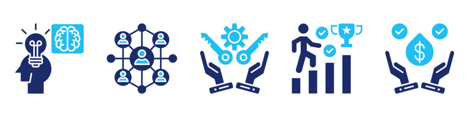 personal value icon set. for professional mindset. icon set contain mindset, networking, ownership, success, value. simple vector glyph duotone illustration.