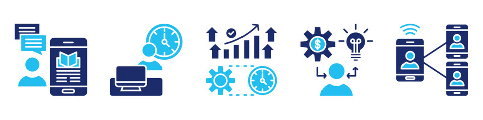 online productivity icon set. for remote activity. icon set contain online learning, working hours, productivity, entrepreneur, video call. simple vector glyph duotone illustration.