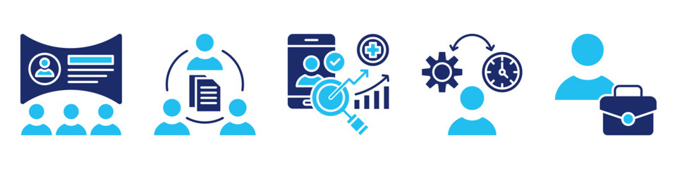 work management icon set. for job process. icon set contain online training, document collaboration, remote health check, time management, employment. simple vector glyph duotone illustration.