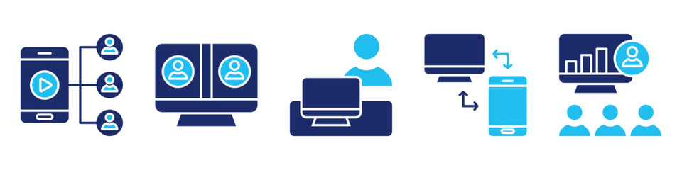 remote communication icon set. for online meeting. icon set contain video conference, virtual meeting, remote worker, remote access, online presentation. simple vector glyph duotone illustration.