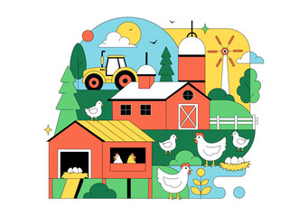 Obraz premium Poultry Farm Vector Illustration Featuring Chickens, Roosters, Straw, Cage, And Eggs On Green Field Scenery In Flat Cartoon Background Design