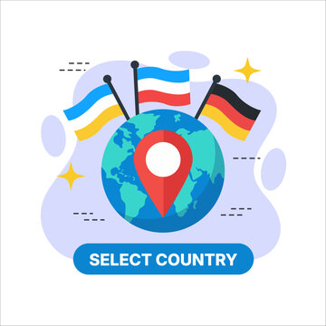 Select Country Interface Illustration featuring flat design vector empty state ui element with flags location pin on earth globe