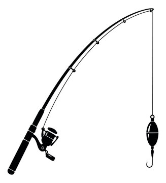 Line art illustration of a fishing rod depicting a bobber and hook for outdoor activities