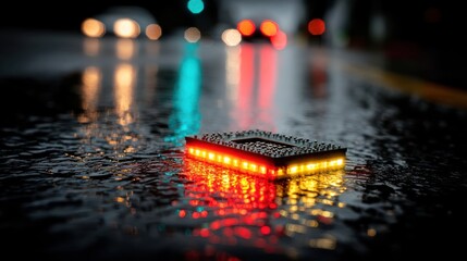 A rectangular, illuminated warning device rests on a wet urban roadway, bathed in the reflected glow of surrounding traffic lights.