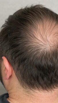 Hair loss cycle and regrowth treatment on adult male scalp from back view, thinning crown pattern on middle age man, hopeful hair regrowth improvement care and treatment cycle