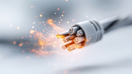 Close-up view of electrical wires with sparks and flames, showcasing potential hazards of damaged cables in a blurred background setting