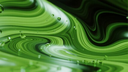 Abstract green liquid swirls with water droplets on a reflective surface