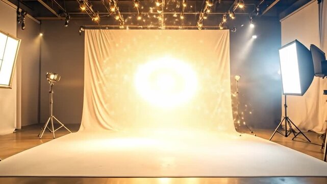 Professional photography studio setup with lighting equipment and a white backdrop for creative shoots.