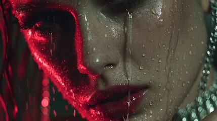 Close-up portrait of a woman's face, drenched in water droplets, illuminated by dramatic red light, showcasing a captivating and sensual mood.