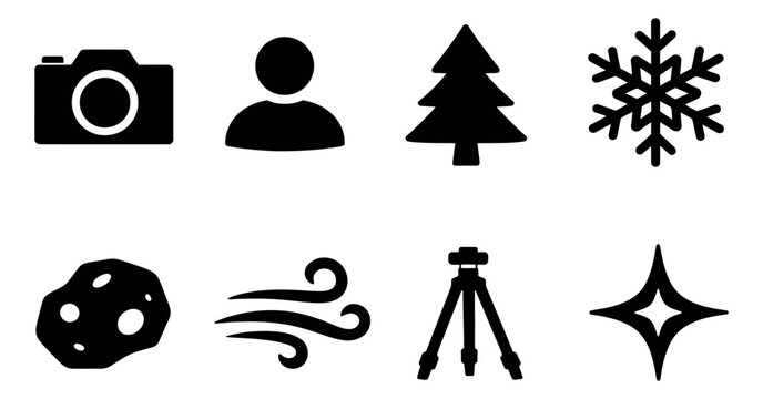 Simple icon set featuring photography, nature, weather, and space symbols for various digital designs
