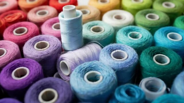 Colorful spools of thread arranged in a heart shape on a white background.