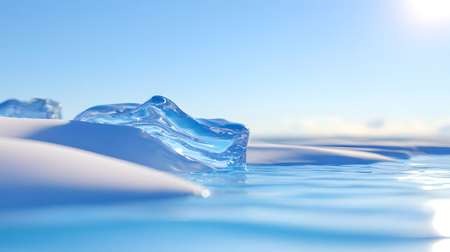 Clear Blue Ice Block Melting In Sunlight Over Frozen Arctic Water Surface
