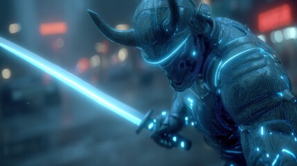 Futuristic samurai warrior in glowing armor holds a glowing sword in a city at night.