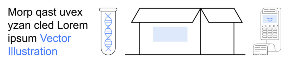 Fototapeta premium Biomedical research, genetic testing, logistics, e-commerce, scientific innovation, order processing. DNA test tube, package box printer. Biomedical research and genetic testing ion