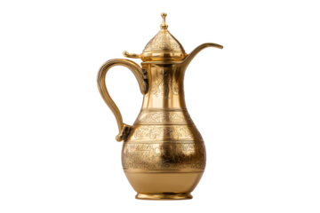 Golden Arabic dallah coffee pot for Ramadan hospitality, isolated on transparent background