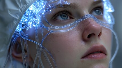 Close-up portrait of a young person with glowing, light-blue fiber optic strands encircling their head and face, conveying a sense of futuristic technology and thought processes.