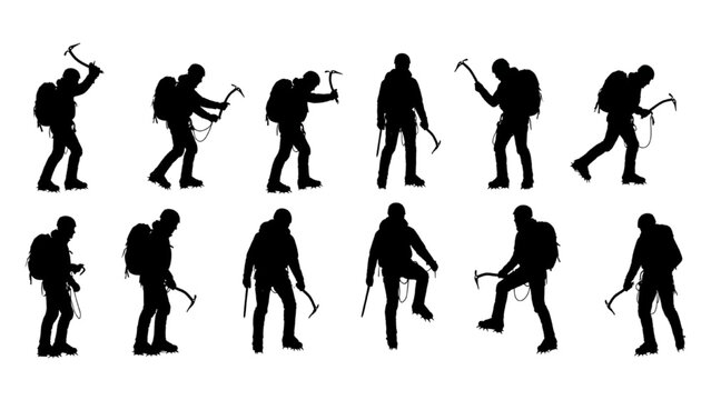 Silhouette collection of a hiker with ice axe and backpack in various poses