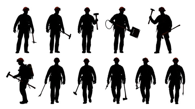 Diverse silhouette collection of professional firefighters in various action poses, equipped with essential rescue tools for emergency response and public safety