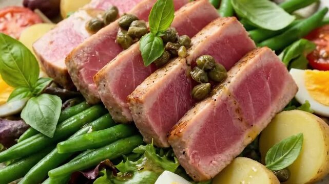 Close-up view of a vibrant, gourmet salad showcasing perfectly seared fish fillets, artfully arranged alongside crisp fresh green beans, tender new potatoes, ripe tomato slices, and wholesome hard-boi