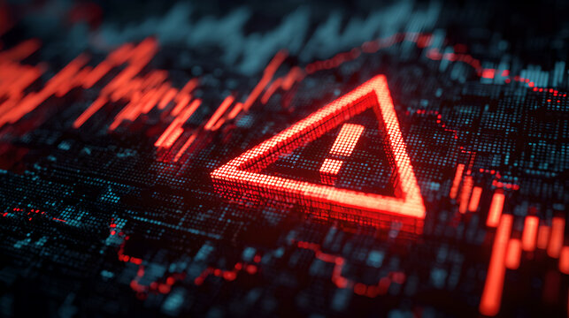 Red warning alert triangle icon over volatile digital financial market chart data