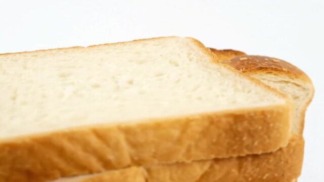 Fresh white bread slices stacked on a clean white background. Golden crust and tender texture signify quality. Ideal for food ads, grocery promotions, breakfast visuals, and versatile bakery items.