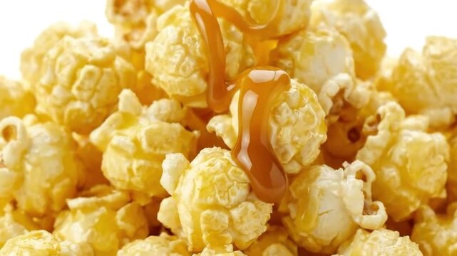 Golden, molten caramel syrup cascades luxuriously over a mound of freshly popped, fluffy popcorn, creating a tantalizing and indulgent treat. The rich, amber syrup drips slowly, coating each crisp ker