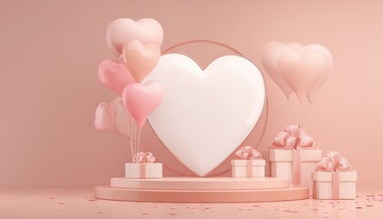 Romantic display features a large heart shape surrounded by pastel pink heart balloons and wrapped presents on a subtle podium