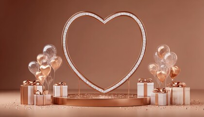 Ornate heart-shaped frame display features scattered gifts and translucent balloons against a muted background