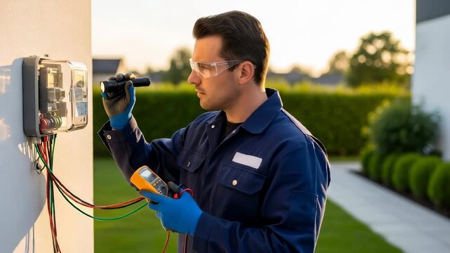 Electrician man working on a meter to fix an electric meter at home, an installation and maintenance concept