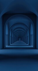 Obraz premium Symmetrical arcade corridor extends into deep vanishing point with monochromatic blue lighting