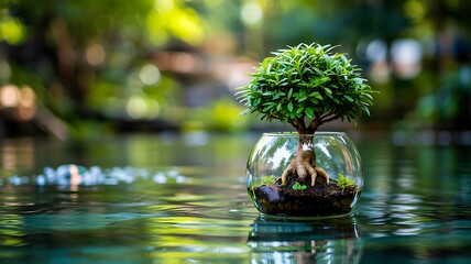 Naklejka premium Small green plant growing inside glass sphere on water surface 