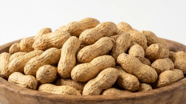 The video features a dynamic, eye-level shot of a rustic wooden bowl brimming with whole, unshelled peanuts, presented against a clean, bright white background. The camera smoothly glides or orbits ar