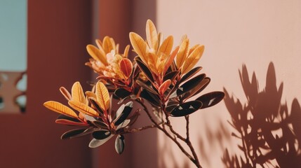 A close-up view of vibrant yellow and dark-green leaves against a soft peach-colored wall, showcasing the plant's intricate detail and the play of sunlight and shadow.