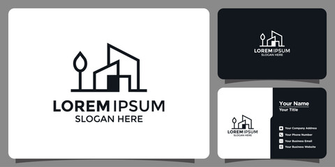 Modern Architecture Logo with Abstract House Silhouette Tree Element and Professional Business Card Mockup