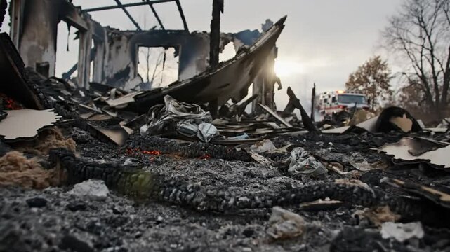 Devastating Scene of a Burned-Out House Aftermath with Scorched Remains and Fire Truck in Background