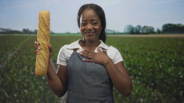 Woman baker wearing apron holds baguette in left hand and places right hand to chest in studio; pride tradition craft.