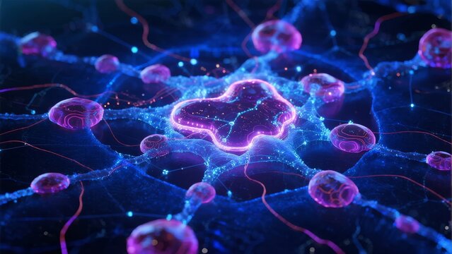 Neural network visualization with glowing neurons and synaptic connections in a digital representation of brain activity - Powered by Adobe