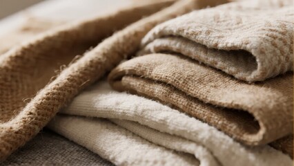 Stack of folded natural fiber textiles in neutral tones