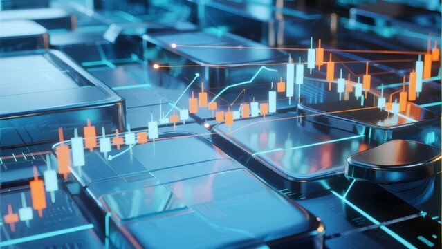 Digital financial chart overlay on futuristic server hardware - Powered by Adobe