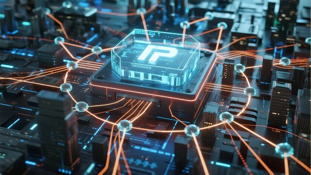 Digital network connecting a central processing unit in a futuristic cityscape - Powered by Adobe