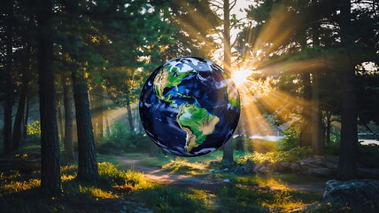 Earth globe in forest symbolizing environmental protection and nature
