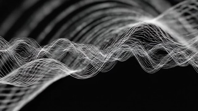 Abstract white lines create a dynamic and flowing wave pattern against black background.