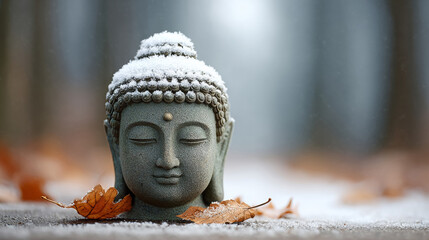 Serene stone buddha head in snowy meditation with autumn leaves