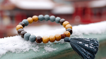 Temple prayer beads in snow: serenity and spiritual reflection