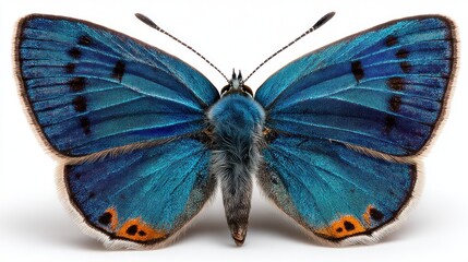Vibrant blue butterfly with intricate patterns and orange accents, showcasing detailed wing textures against a plain white background.