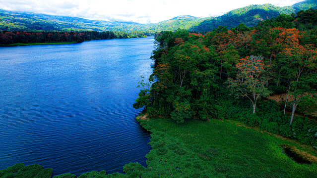 Aerial View of Blue Freshwater Lake with Forested Shoreline and Green Mountains