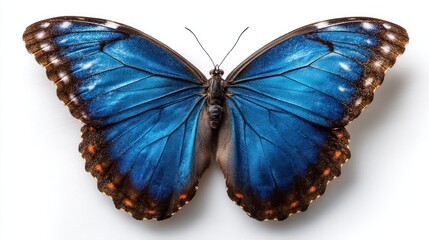 A vibrant, detailed close-up image of a stunning blue butterfly with intricate wing patterns against a plain white background.