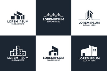 Fototapeta premium Real Estate Logo Bundle with Modern House Silhouettes Skyscrapers Architecture Icons and Corporate Identity Set
